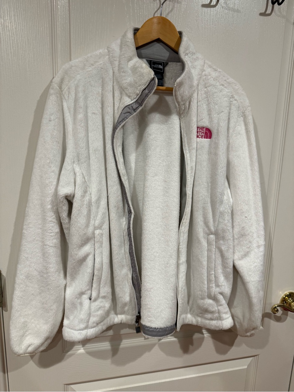 The North Face White Teddy Fleece Zip Jacket with Pink Logo
